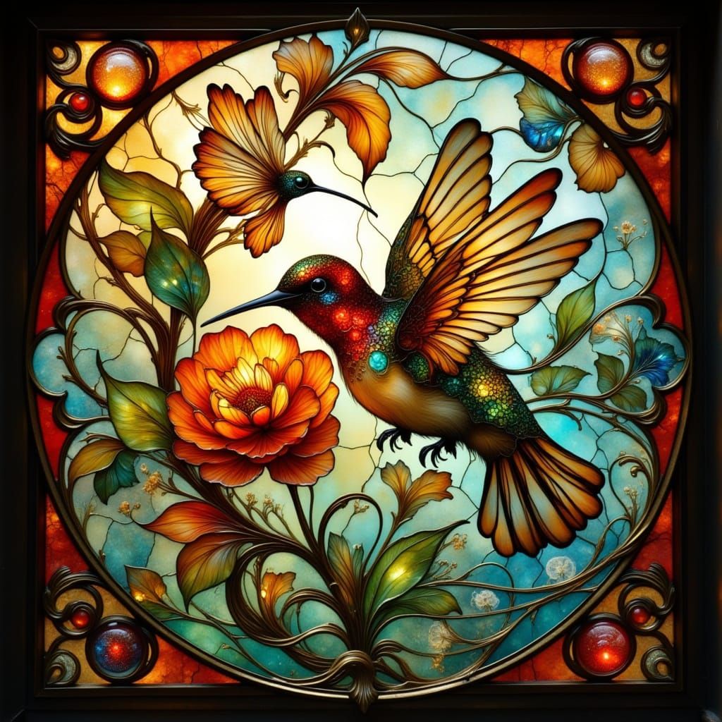 Art Nouveau Hummingbird Stained Glass Window