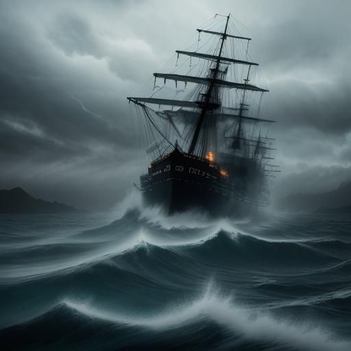 Ghost Ship in Stormy Sea, Manga Style