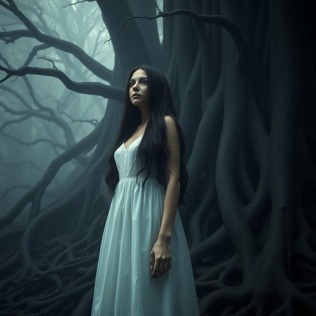 Mystical Woman in Fog-Shrouded Forest, Hyperrealistic Style