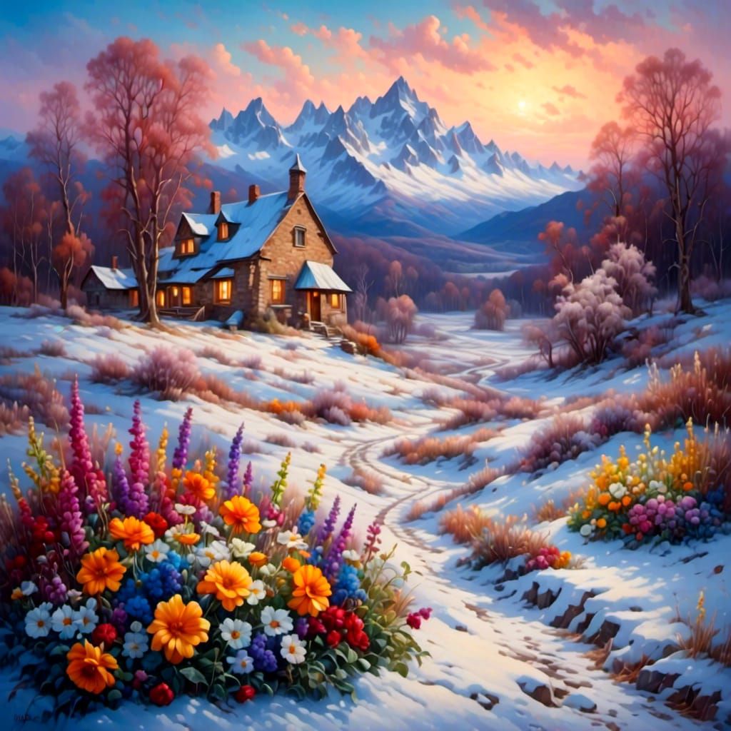 Flowers Bloom in Snowy Winter Nightscape
