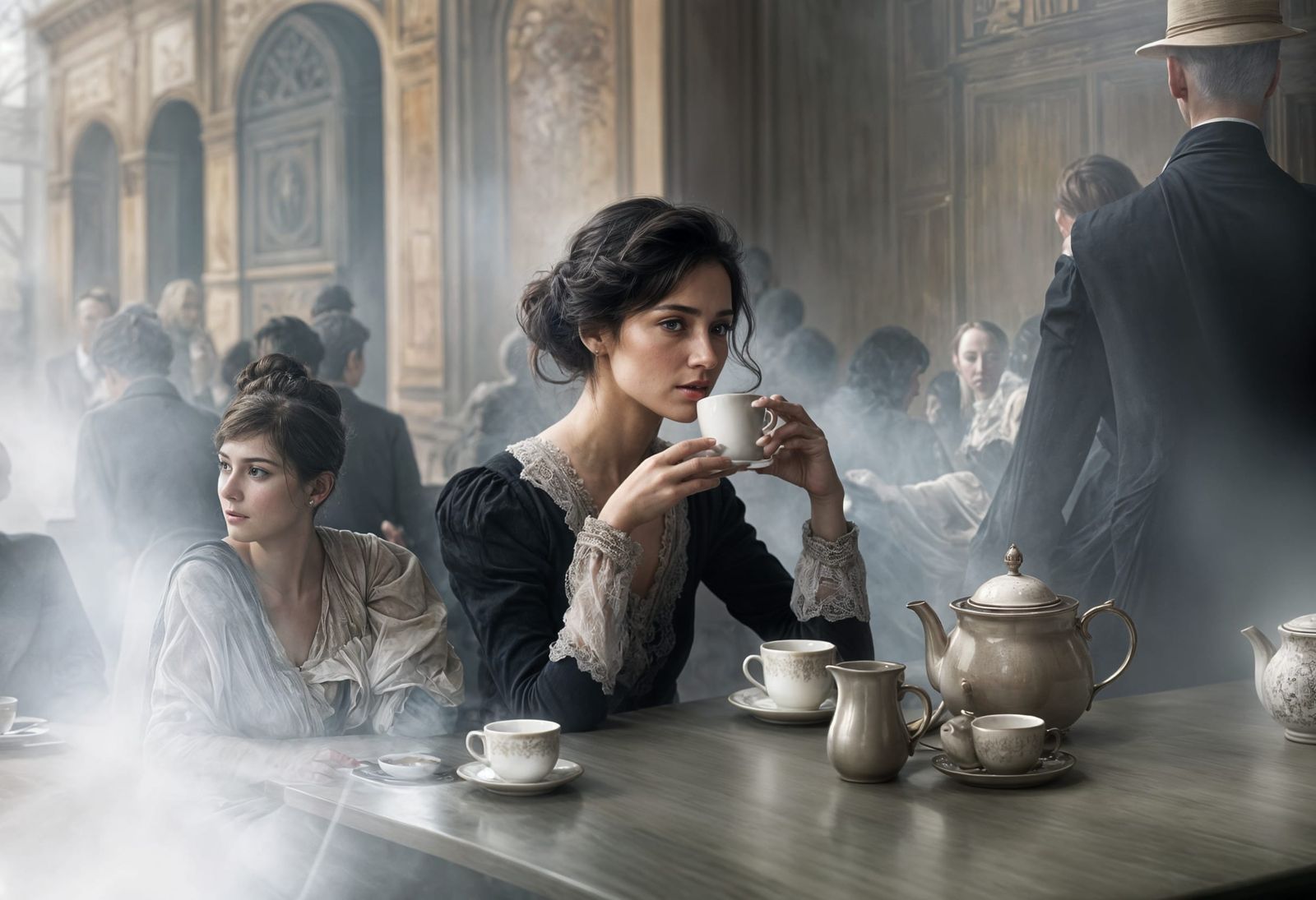 Elegant Woman Enjoying Tea in Cafe: Photorealistic Portrait