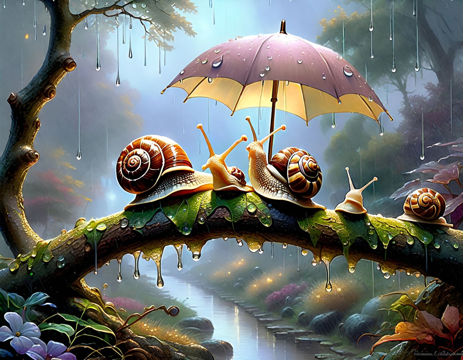 Snails Under Umbrella in Ethereal Fantasy Style