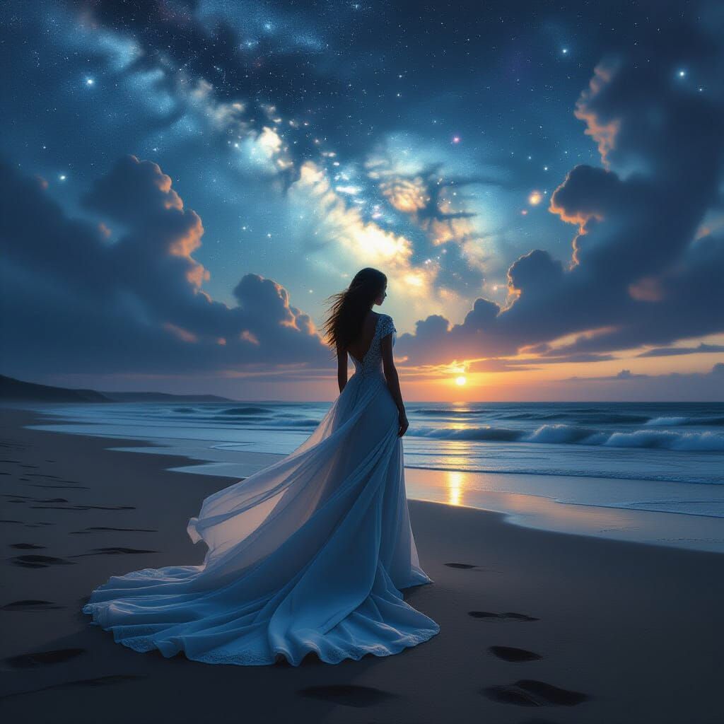 Woman on Windswept Beach Under Galactic Sky