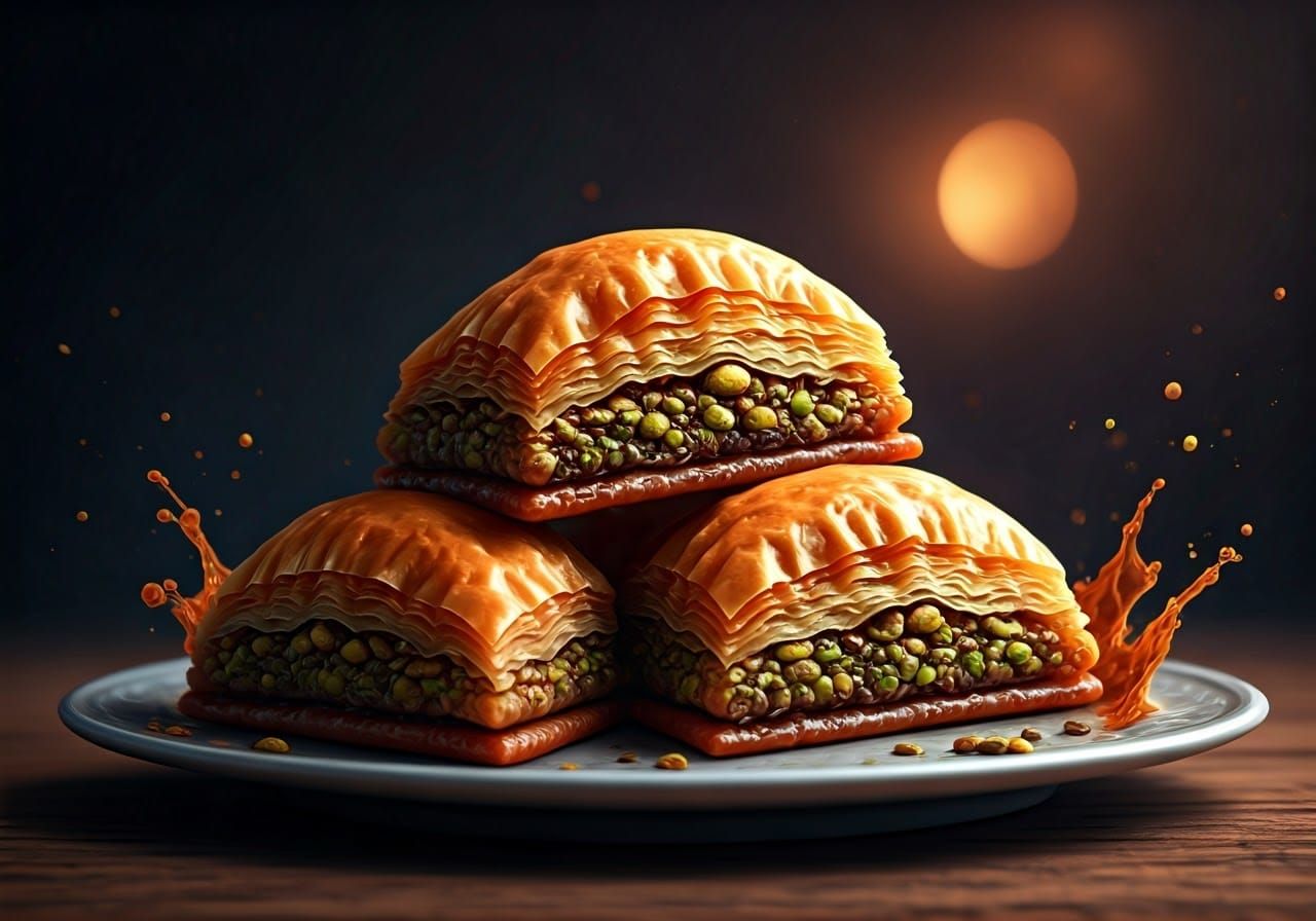 Hyperrealistic Baklava Splash Art on Plate
