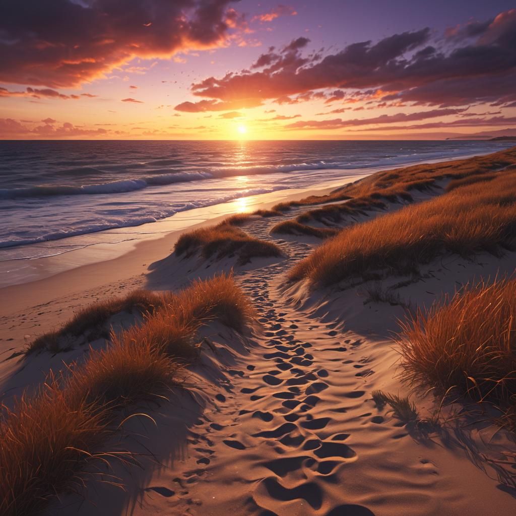 Tranquil Beach Path at Sunset: Digital Matte Painting