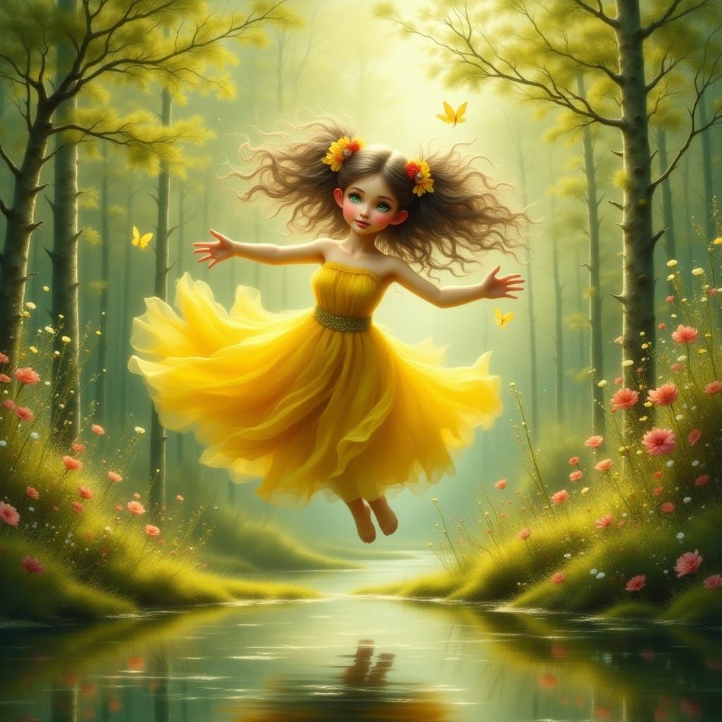 Girl Dancing with Fae in Whimsical Fantasy Art