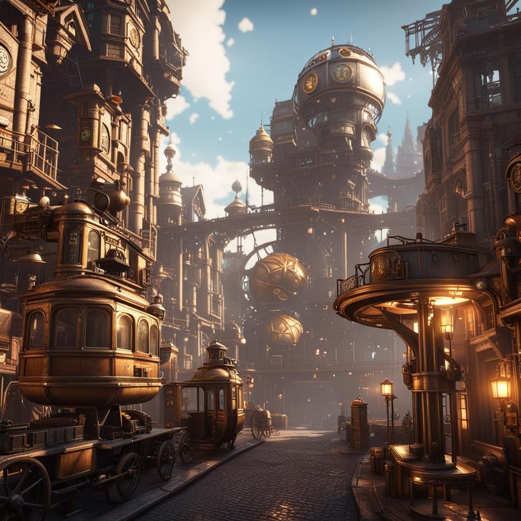 Steampunk City Rendered in 3D Cinematic Style