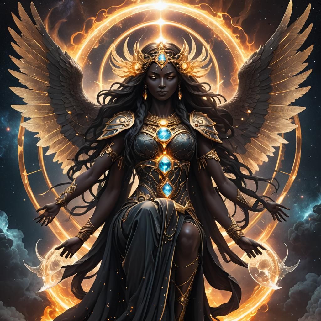 Goddess of Cosmic Balance with Solar Flame Wings