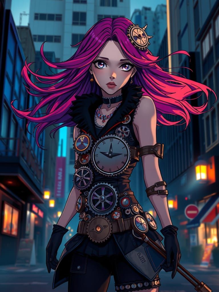 Anime Fashion Model in Steampunk City