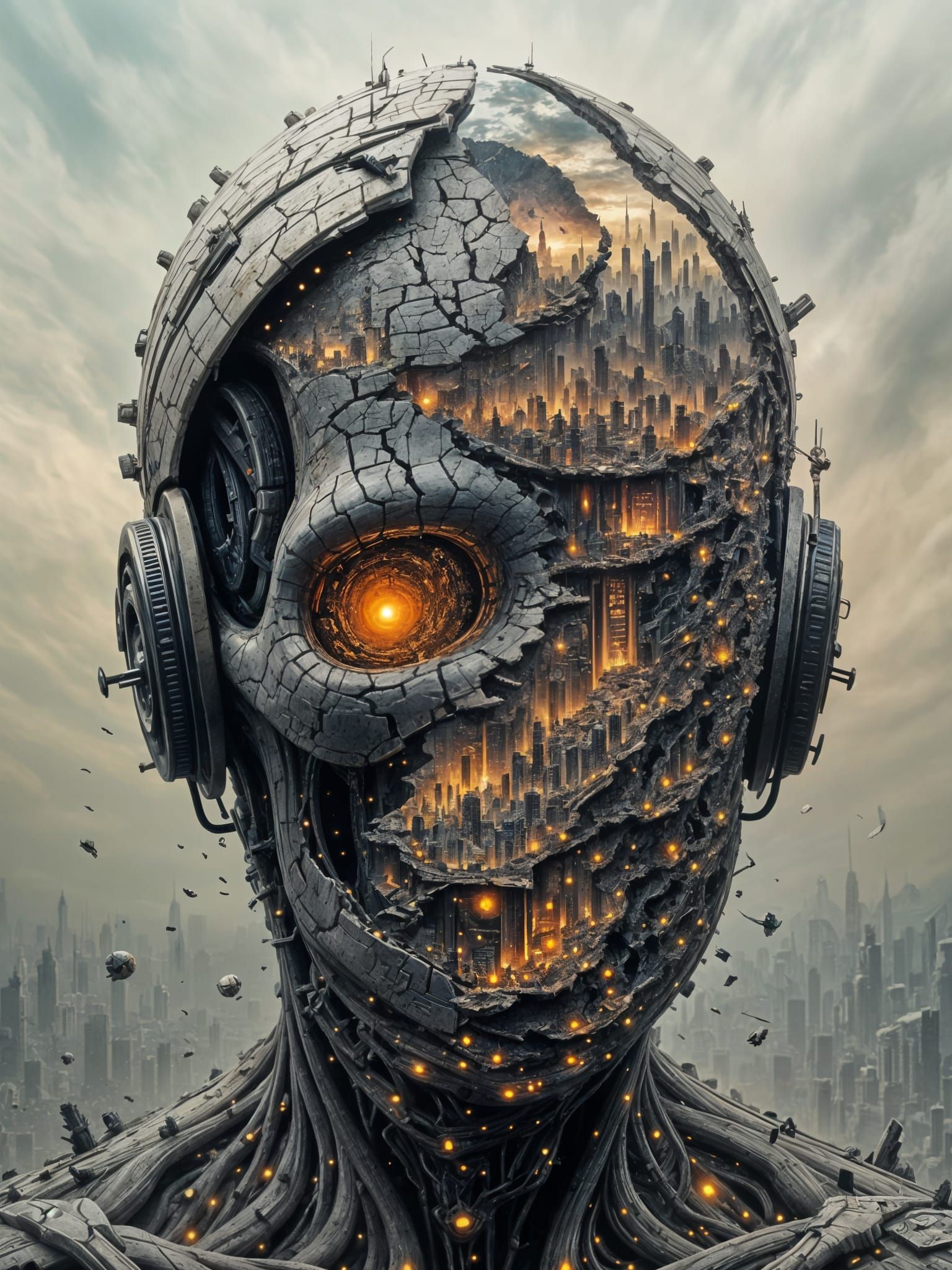Surreal Cyborg Skull in Dystopian Cyberpunk Helmet