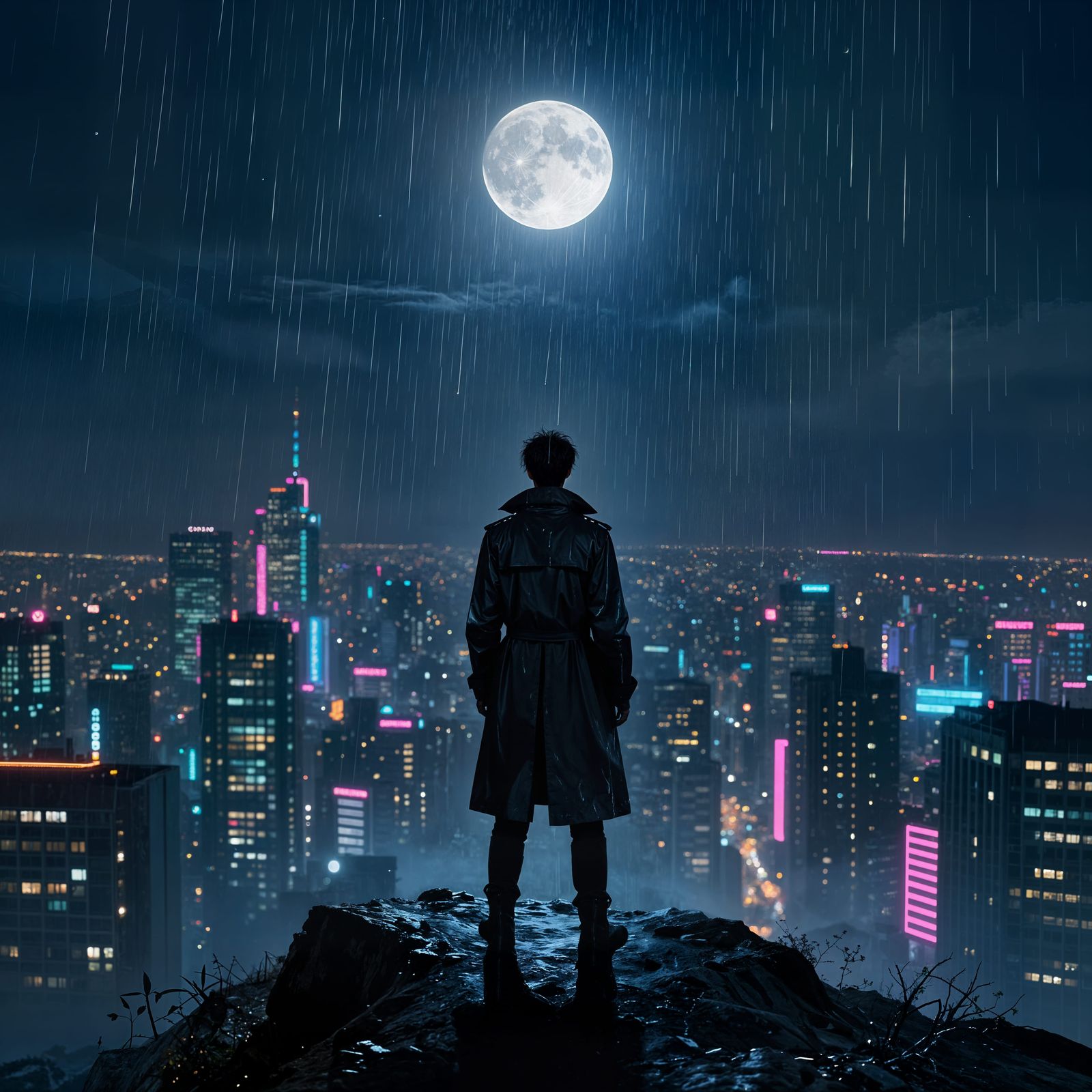 Moonlit Urban Rain on Mountain Peak