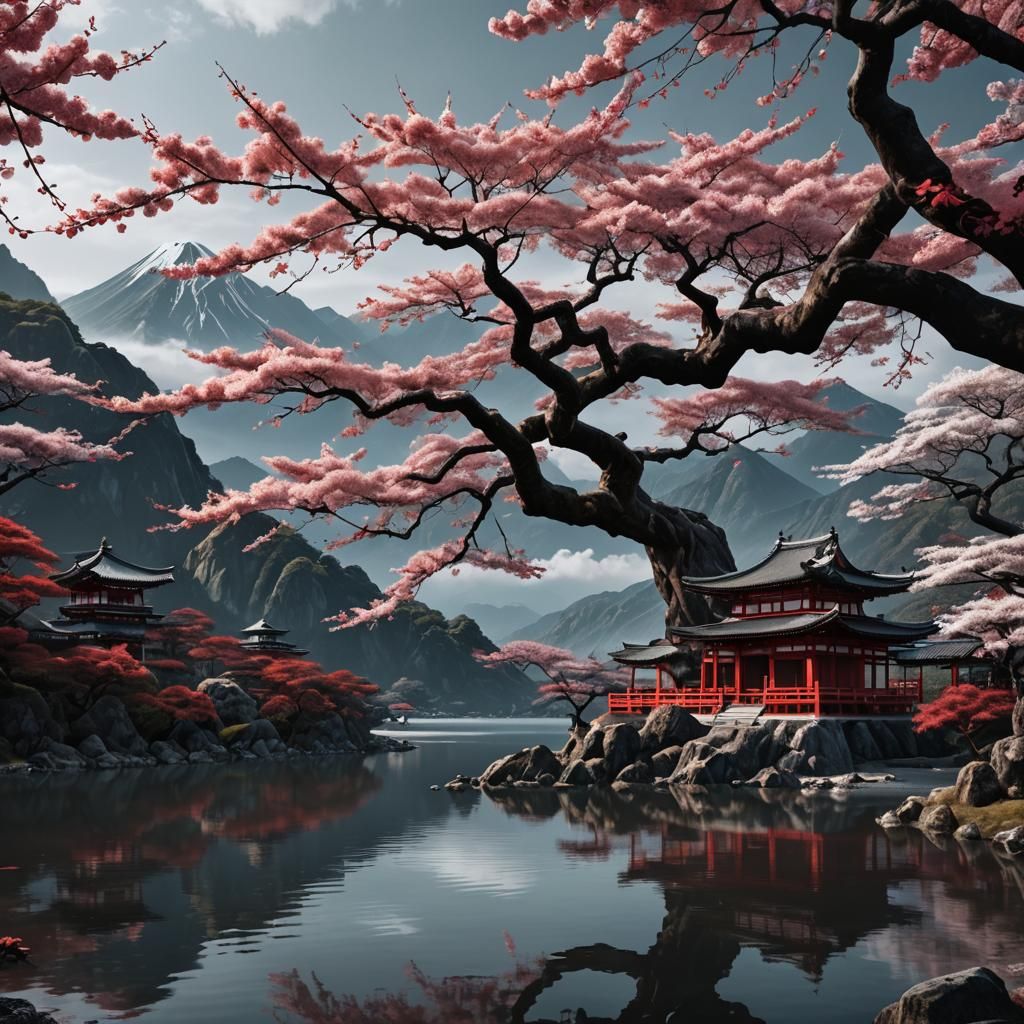 Sakura Tree by Lake: Detailed Matte Painting