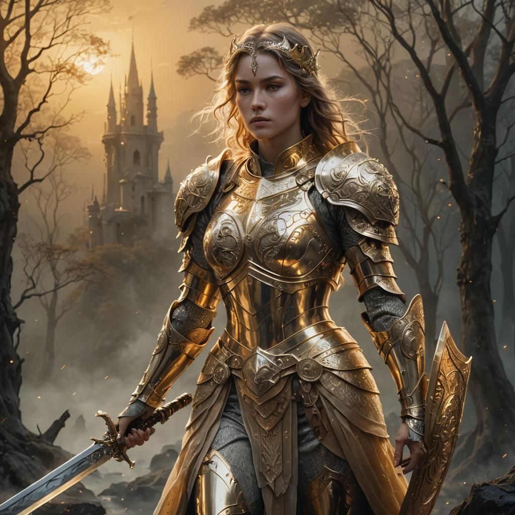"A beautiful female werevolve in golden armor with intricate...
