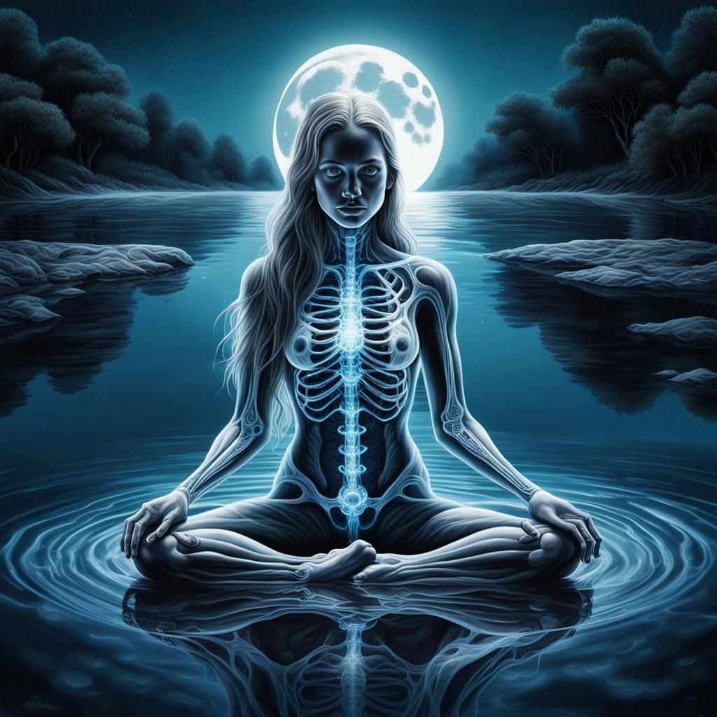 "Xray art style. Inspired by alex Grey. Beautiful woman kneeling praying in a body of water. Moonlit. Color. Beautiful a...