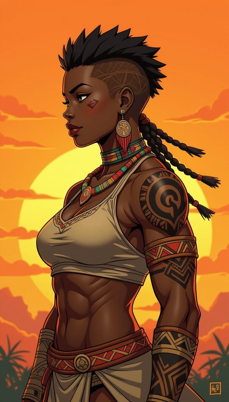 Muscular Black Woman Warrior in Manga Style