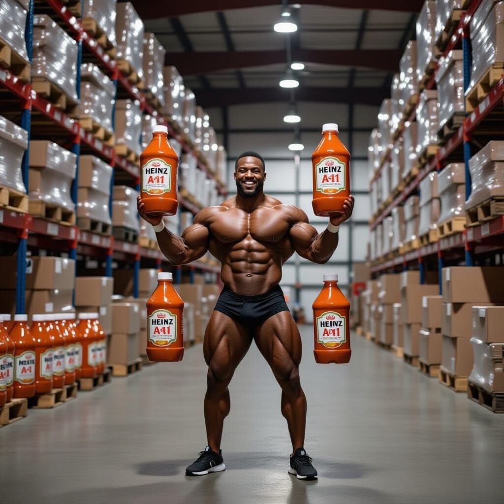 Bodybuilder Lifts A1 Sauce in Warehouse