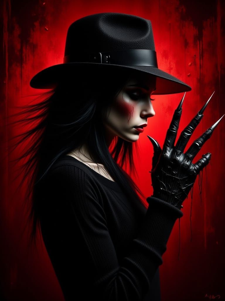Woman in Freddy Krueger Costume with Grudge Background