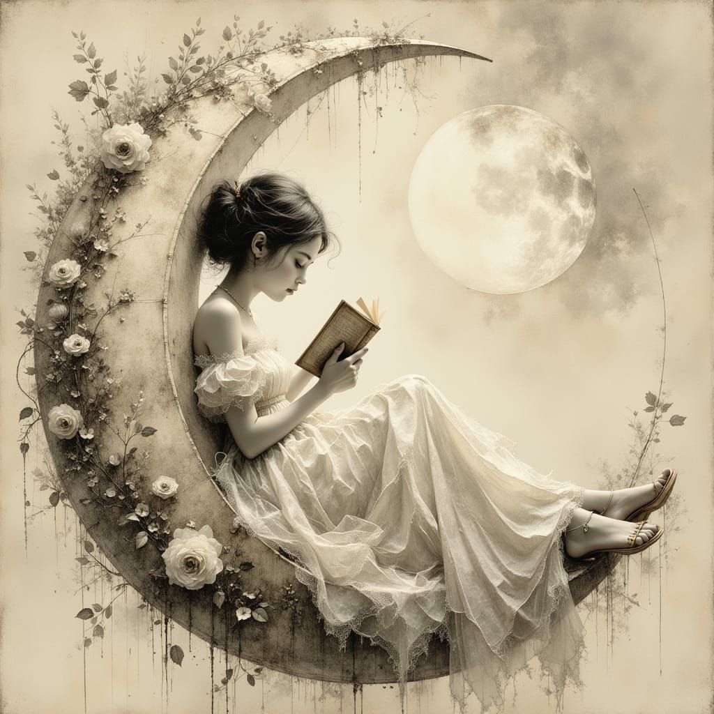 Surreal Woman Reading on Moon, Pencil and Charcoal Drawing