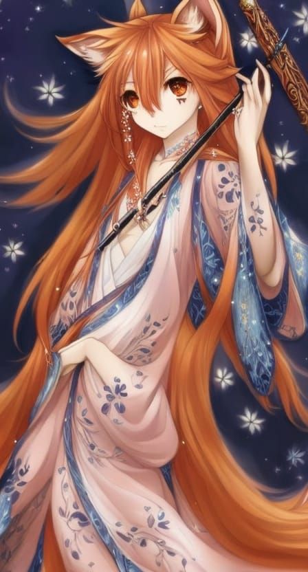 Fox Playing Flute in Starlit Meadow, Anime Illustration