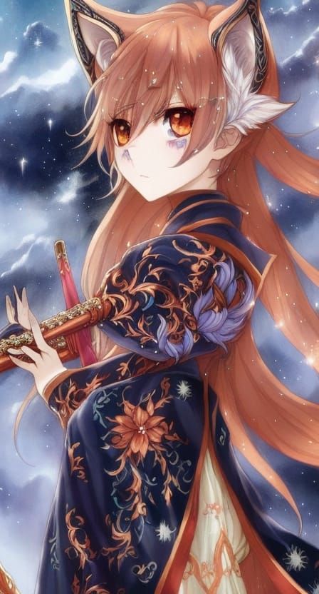 Fox Flute Player in Starlit Meadow: Anime Style