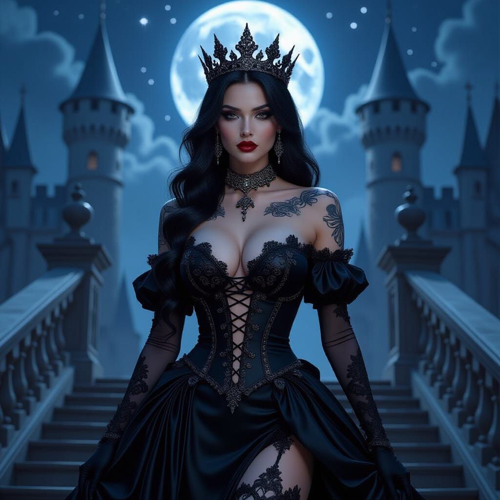 Gothic Queen on Castle Staircase in Moonlight