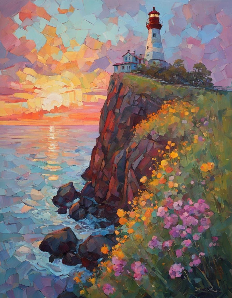 Lighthouse on a steep flowering rock, sunset
