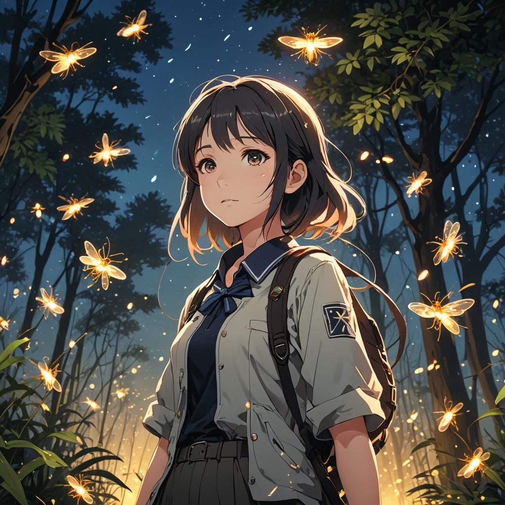 Anime Girl with Fireflies in Cel-Shaded Style