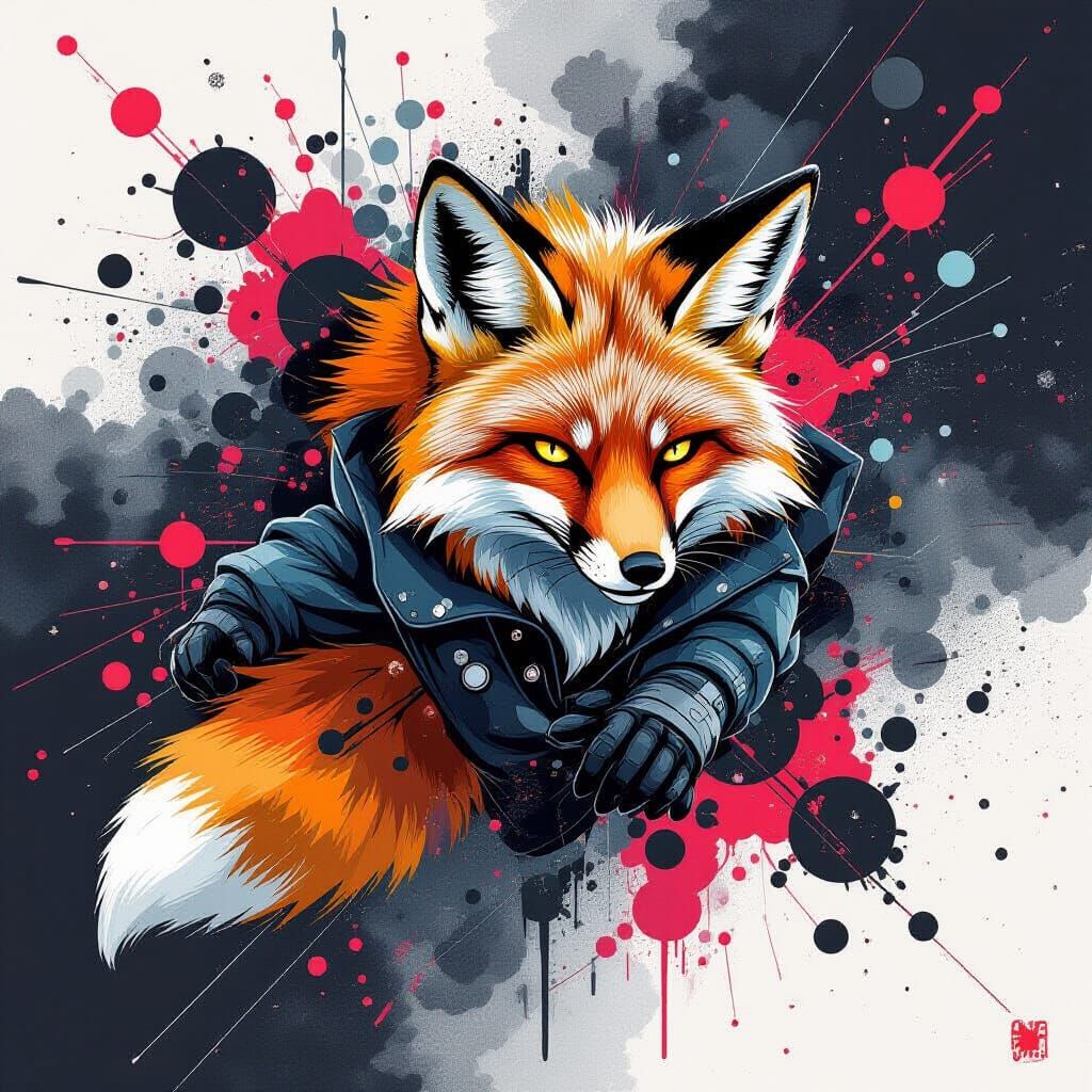 Goth Cyberpunk Fox in Motion: A Mixed Media Collage