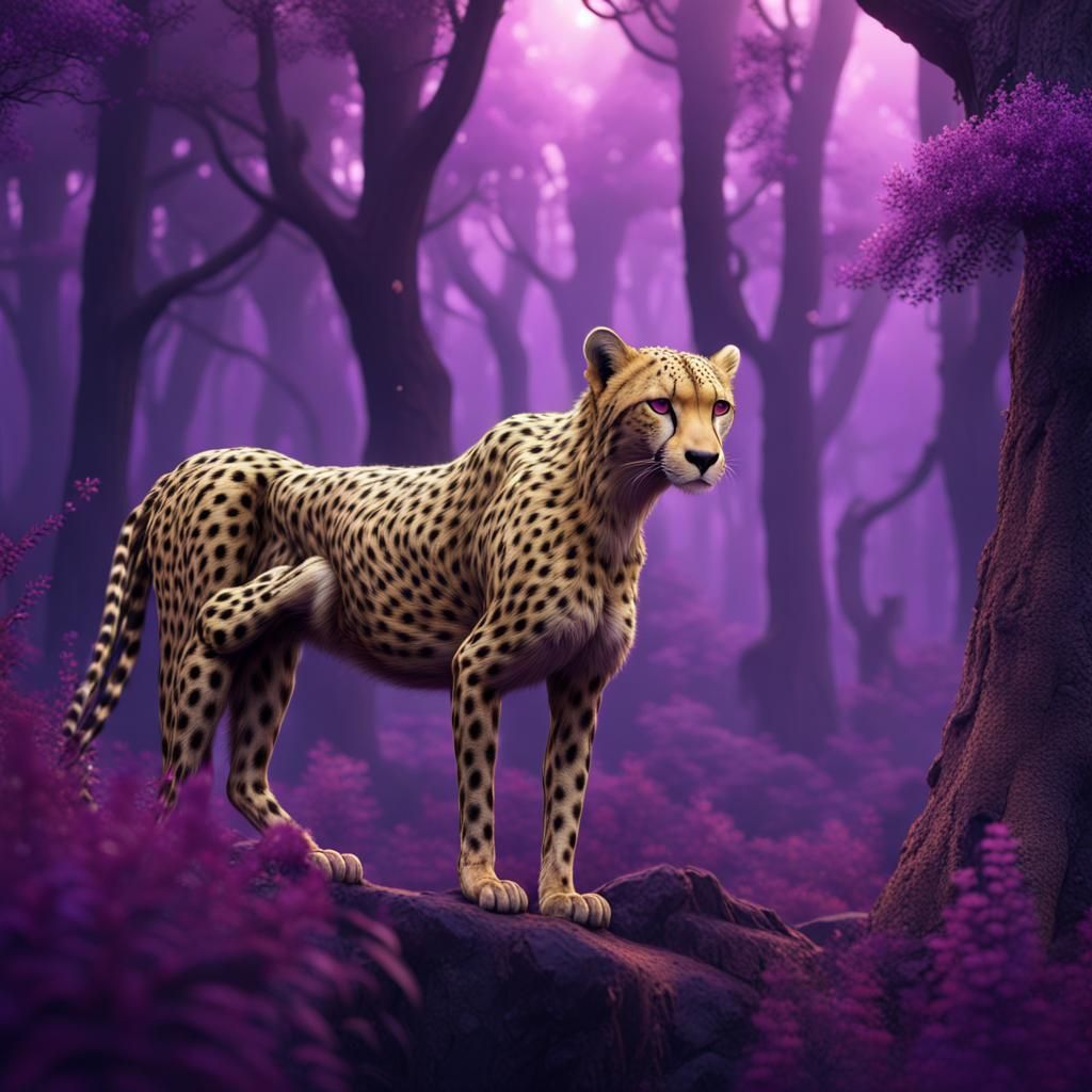 Golden Cheetah in Purple Forest: Fantasy Concept Art
