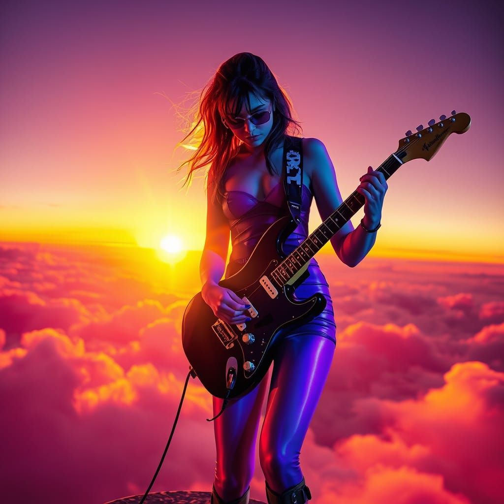 Cyberpunk Guitarist Dancing on Cloud at Sunset