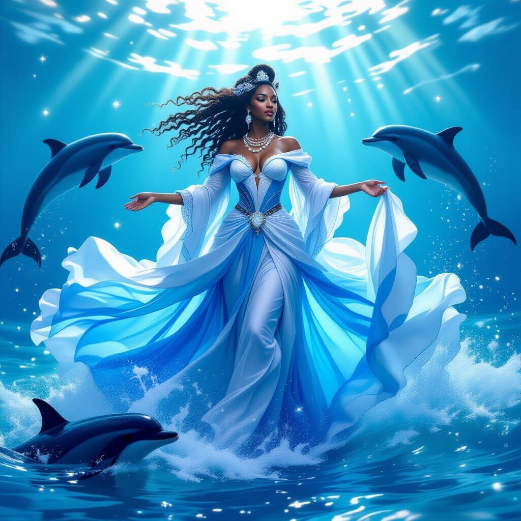 Ocean Goddess in Flowing Gown: Hyper-Realistic Art