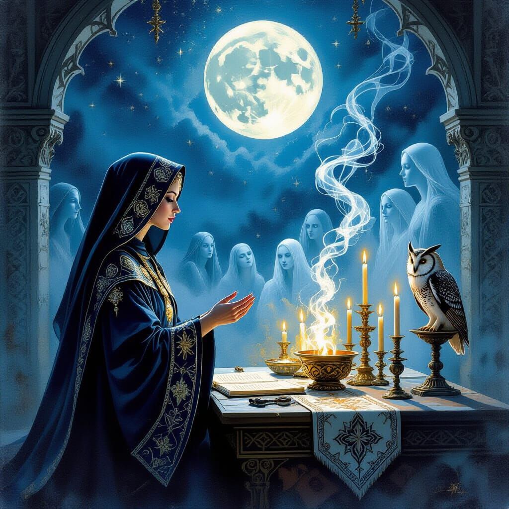 Impasto Gouache Ritual Scene With Spectral Figures