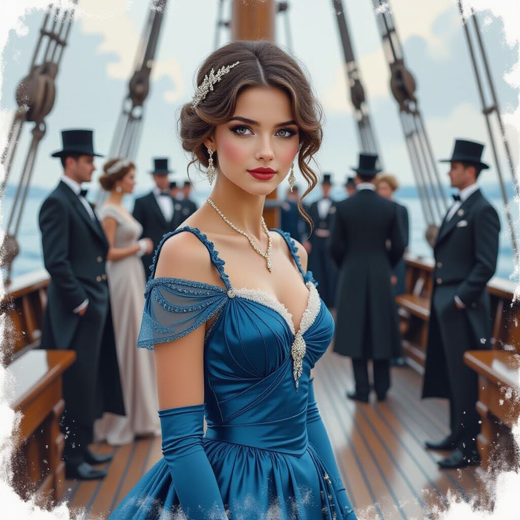 Elegant Girl on Ship Deck in Pencil Sketch Style