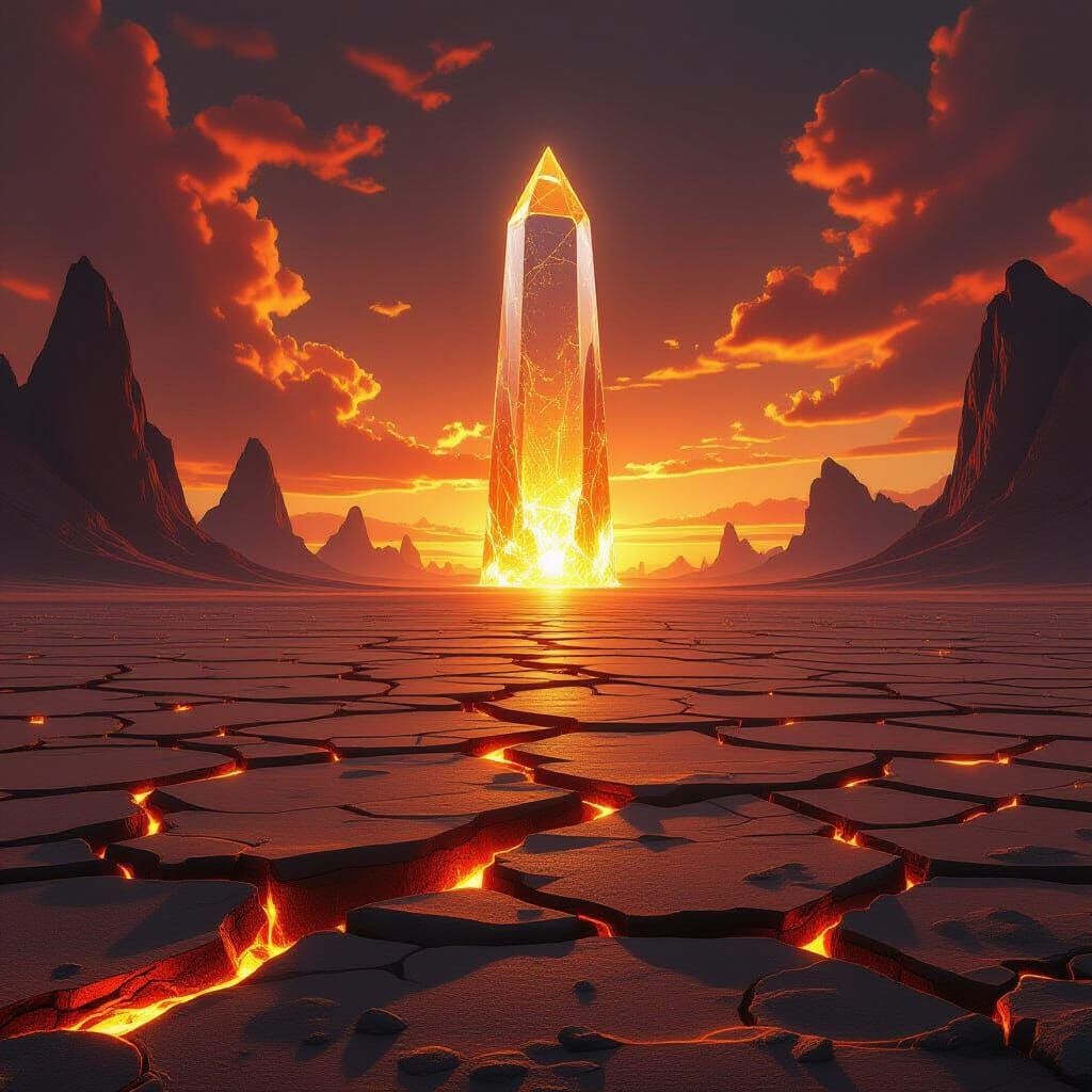 Glowing Cracked Desert Under Fiery Sky