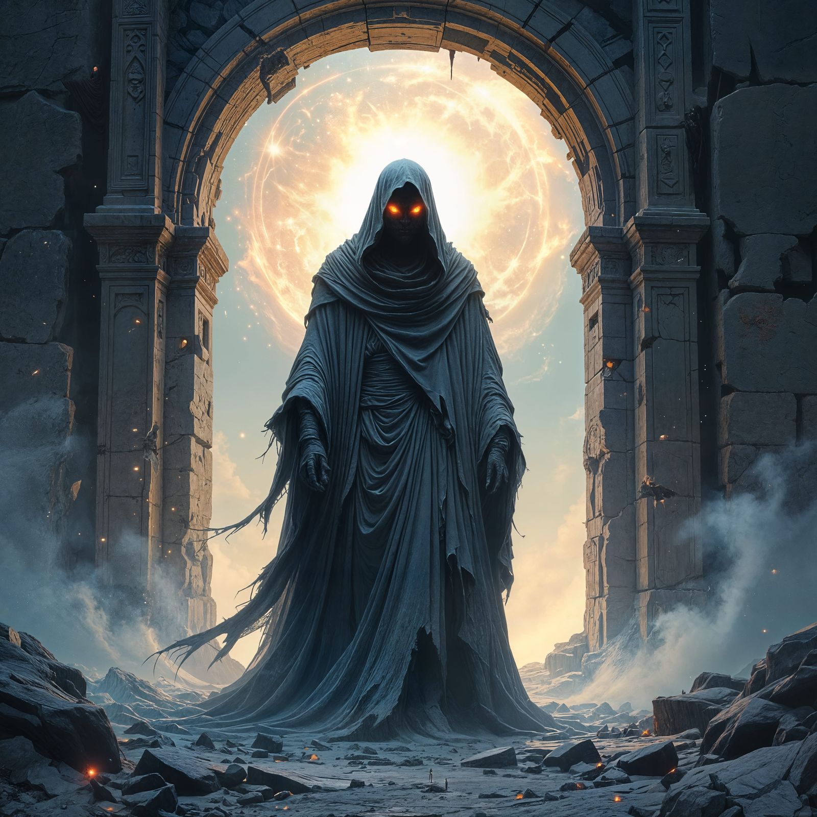 Cosmic Daemon Guards Crumbling Portal in Dark Surreal Style