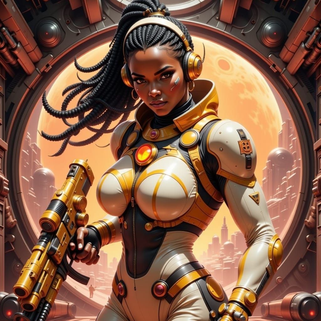 Retro-Futuristic Cyborg Woman in Command Center