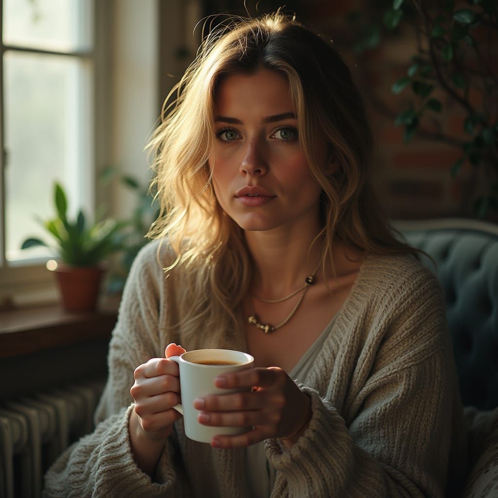 Slavic Woman Enjoying Freshly Brewed Coffee