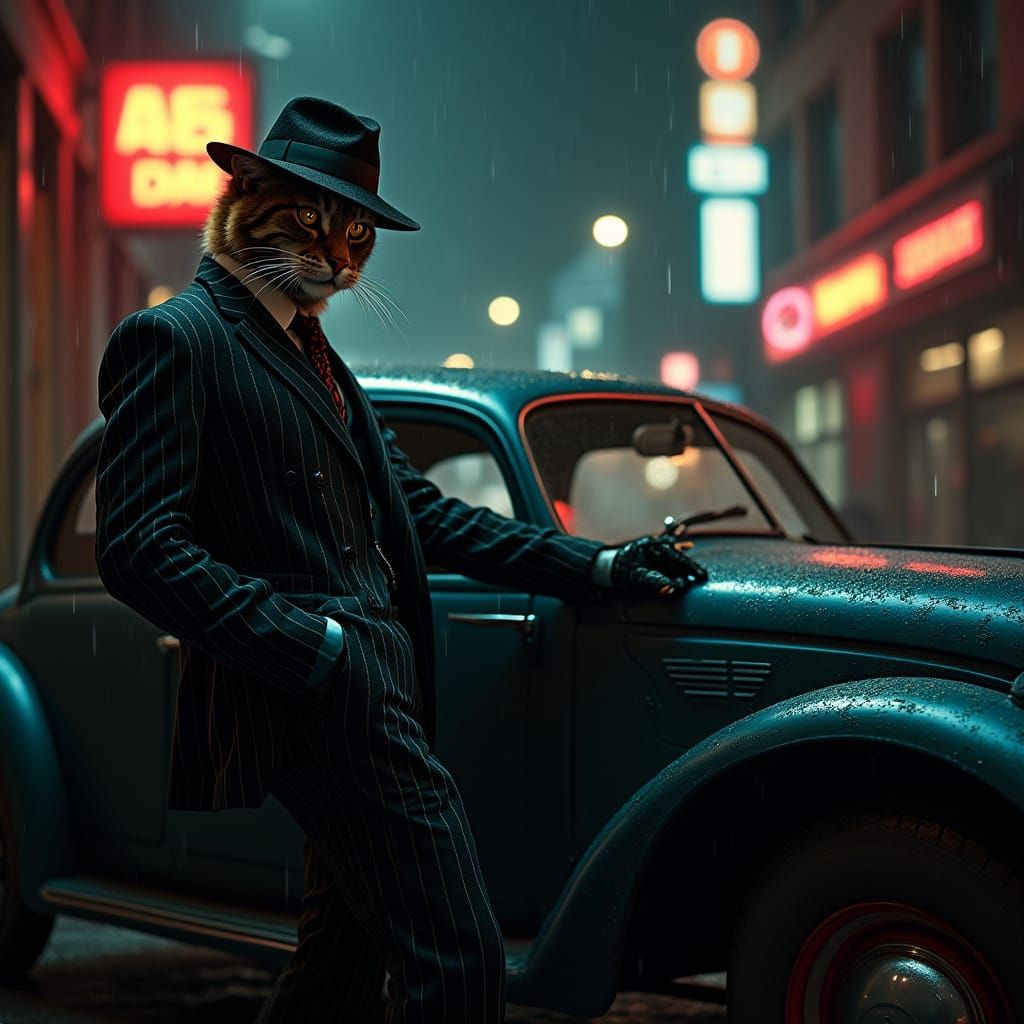 Cat Gangster in Rainy Alley, Cinematic Noir Style