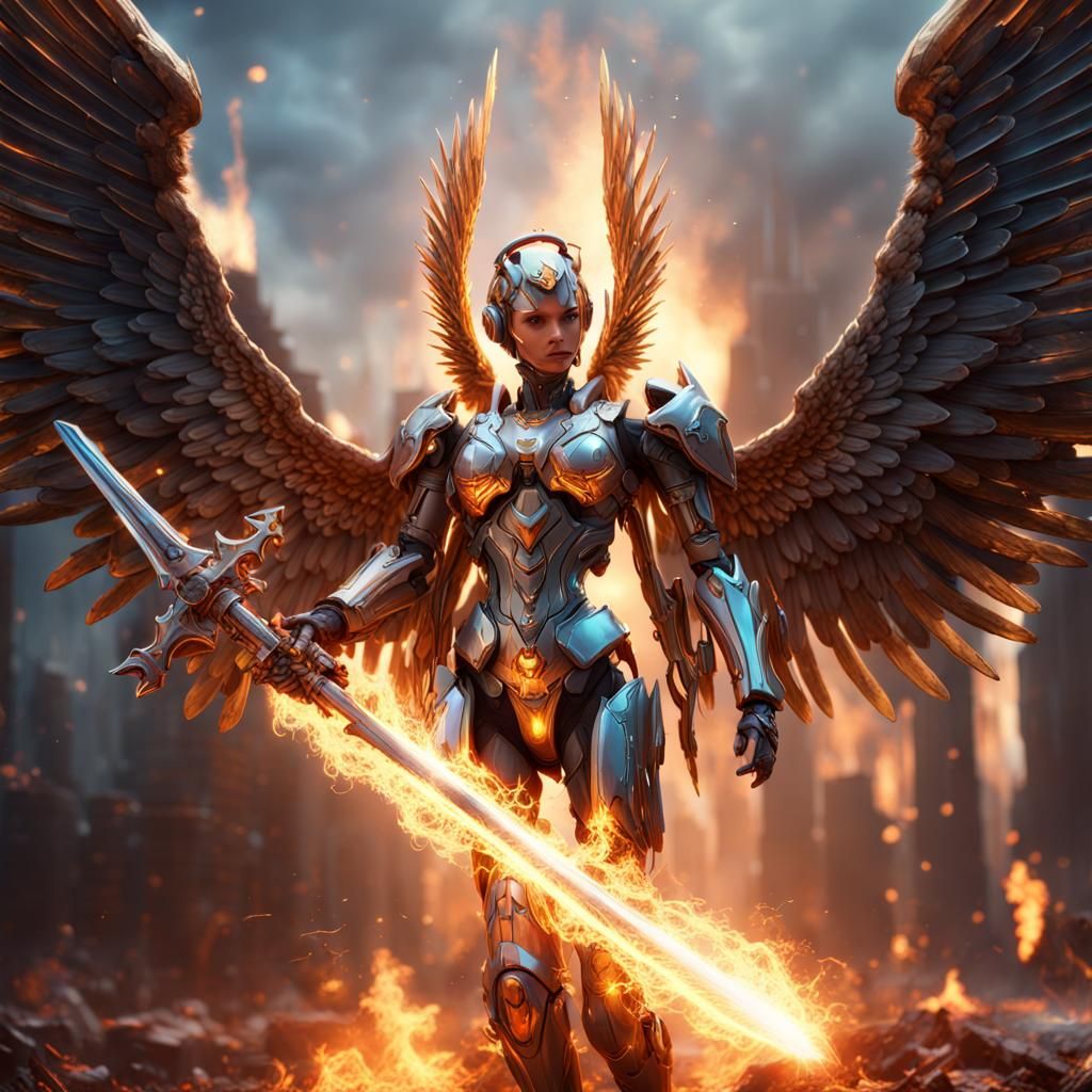 beautiful robotic avenging angel with a fire sword in a blaze of glory