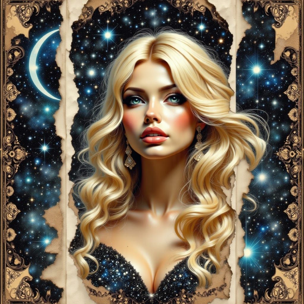 Surreal Woman Portrait with Cosmic Stardust in Mixed Media