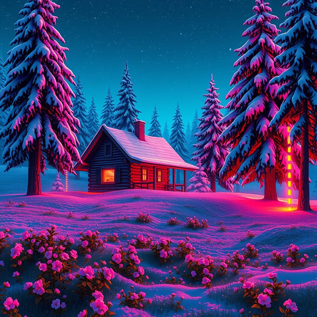 Winter Wonderland Countryside Scene with Rustic Wooden House