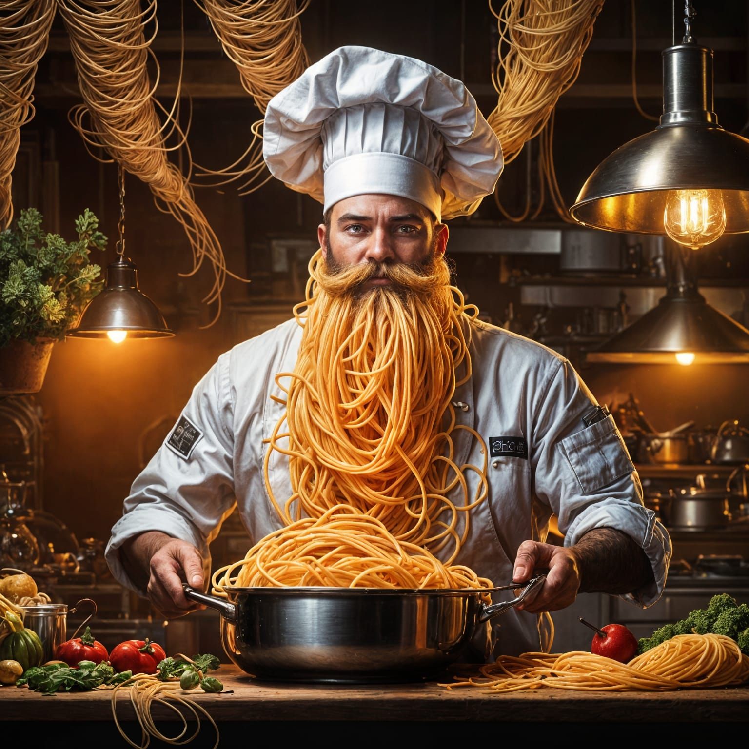 Chef with Spaghetti Beard: Detailed Mixed-Media Photograph