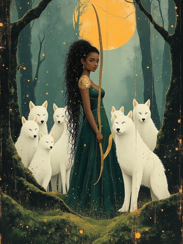 African Archer in Mystical Forest with Wolves