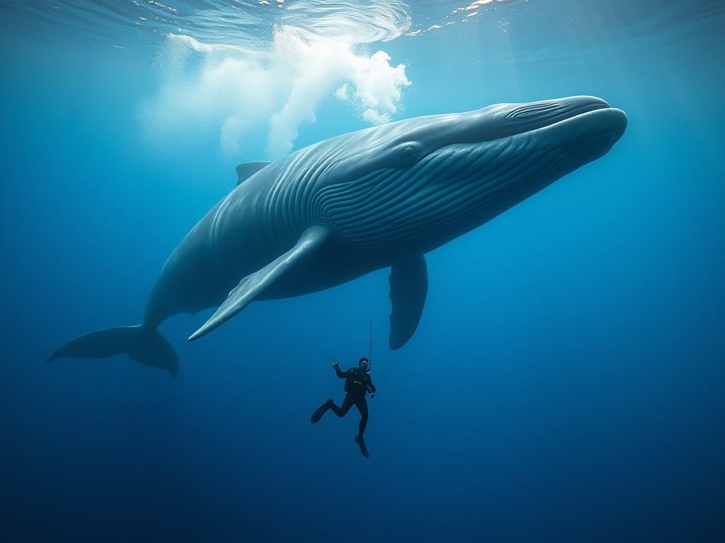 Diver Encounters a Majestic Whale in the Deep Blue