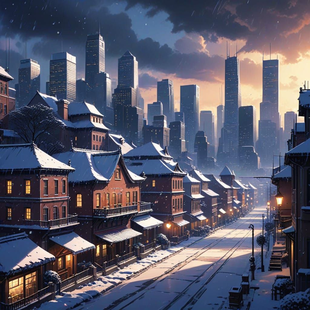 Snowy Cityscape in Anime Style