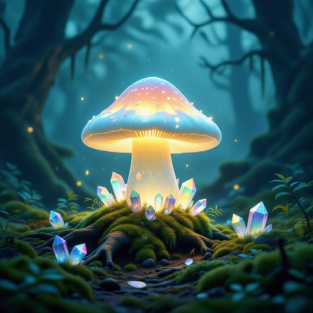 Magical Glowing Mushroom in Misty Crystal Forest