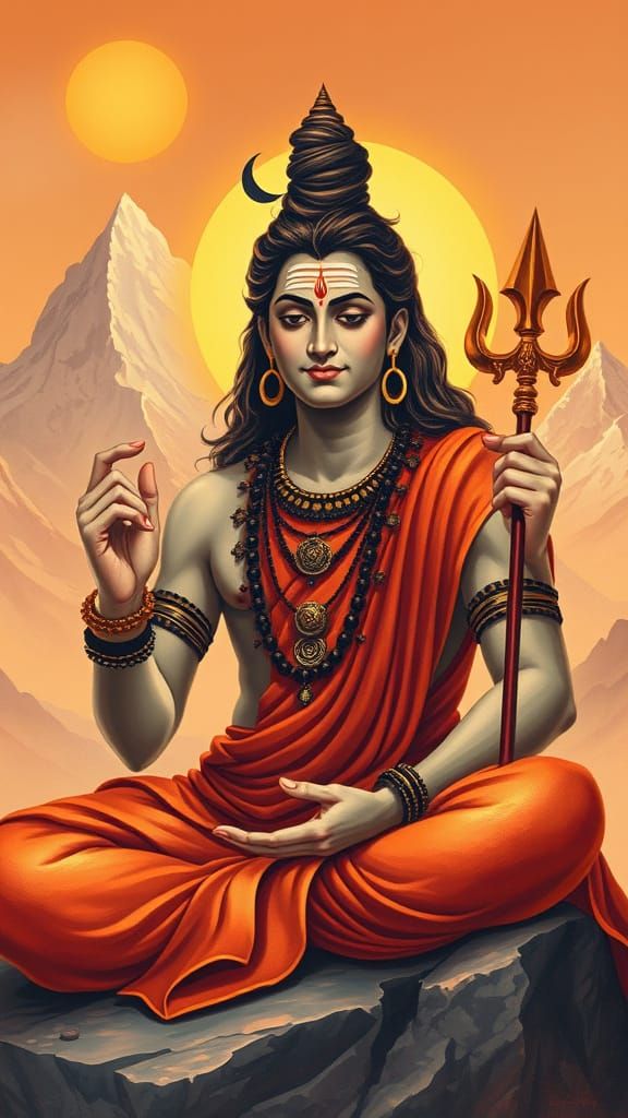 Lord Shiva Meditating on Mount Kailash: Indian Art