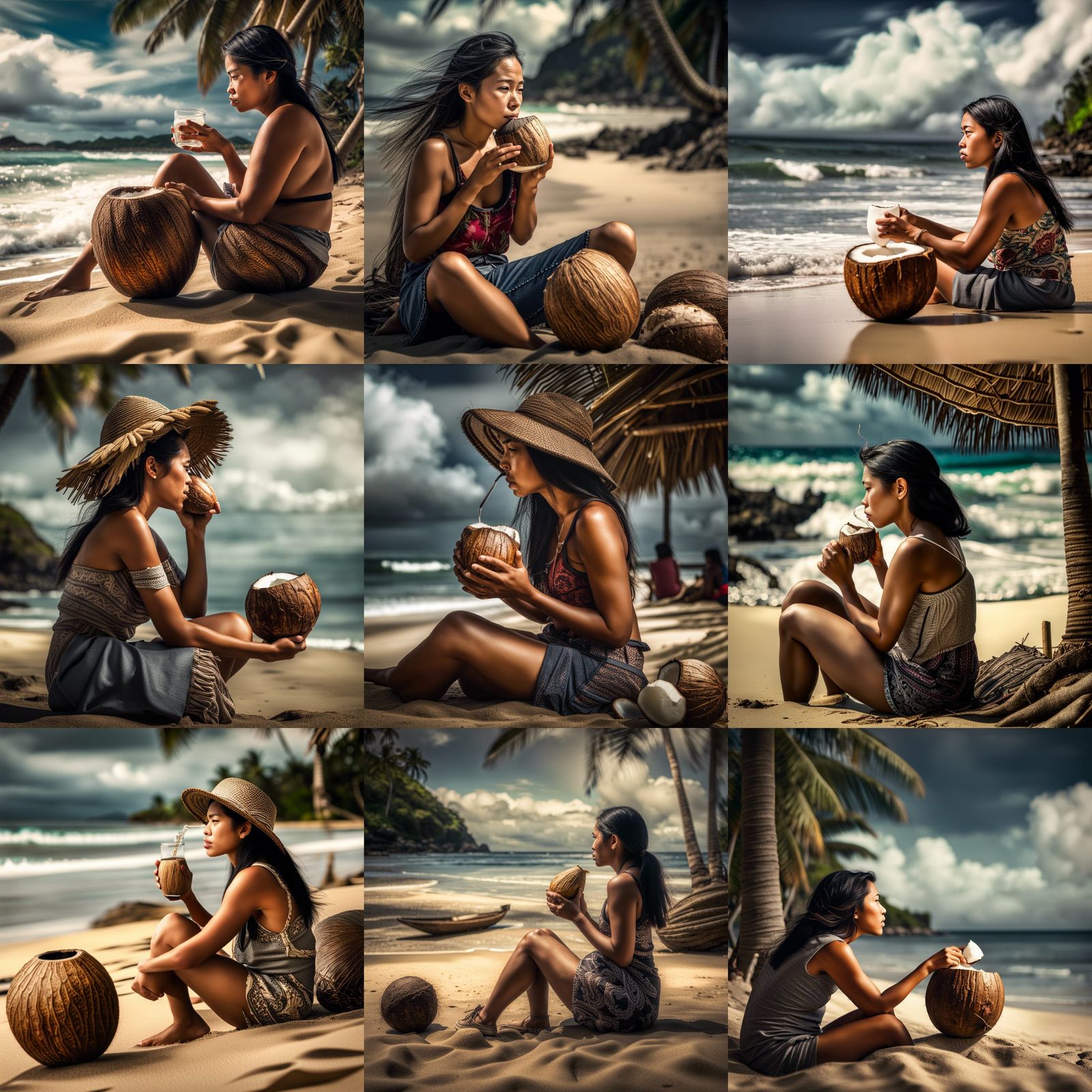 Filipina sitting on beach looking at the waves while drinking a coconut