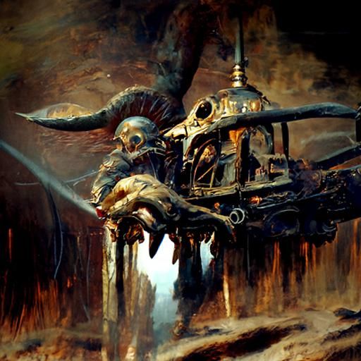 Steampunk Airship Over Hellish Lake of Fire