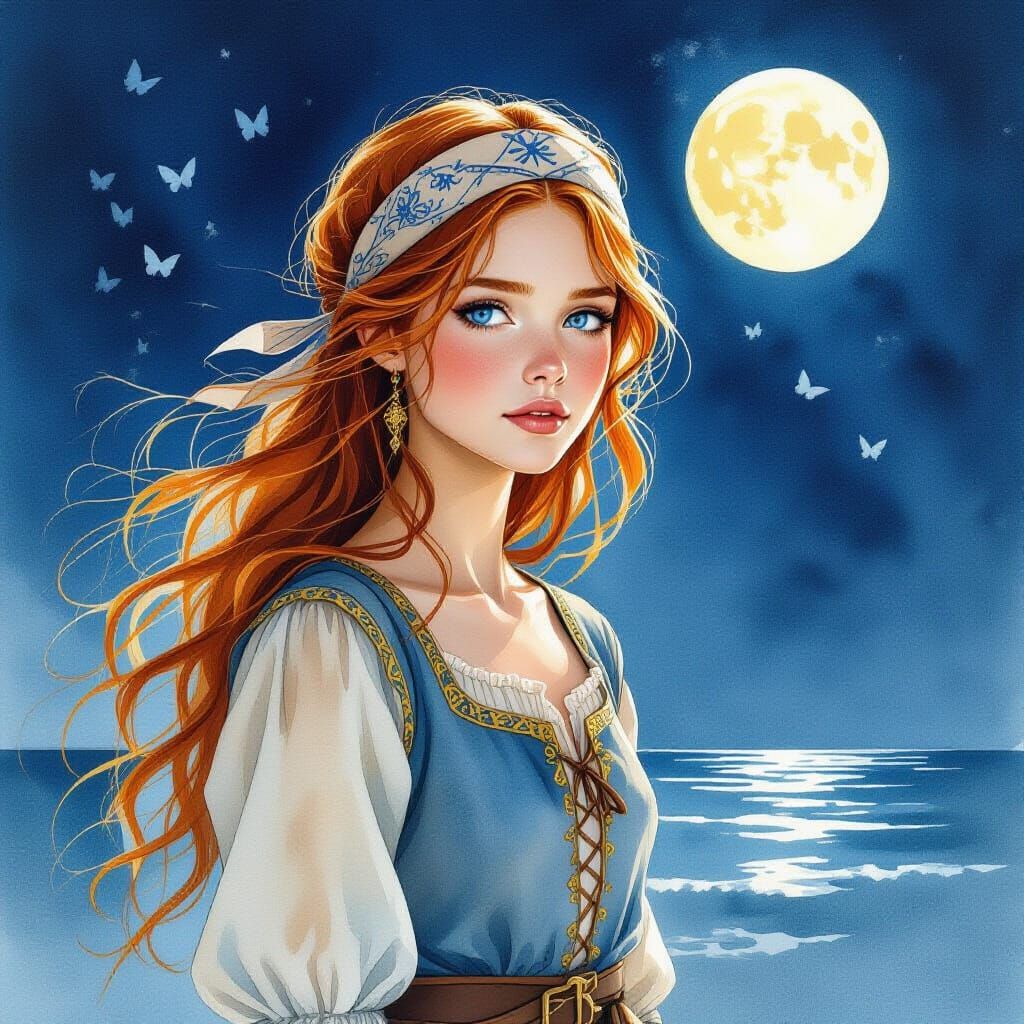 Fantasy Girl with Red Hair in Watercolor Painting